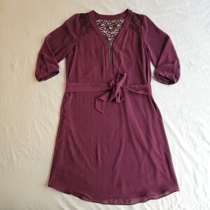 BCX Burgundy Purple Lace Accent Belted Dress 3/4 Sleeves